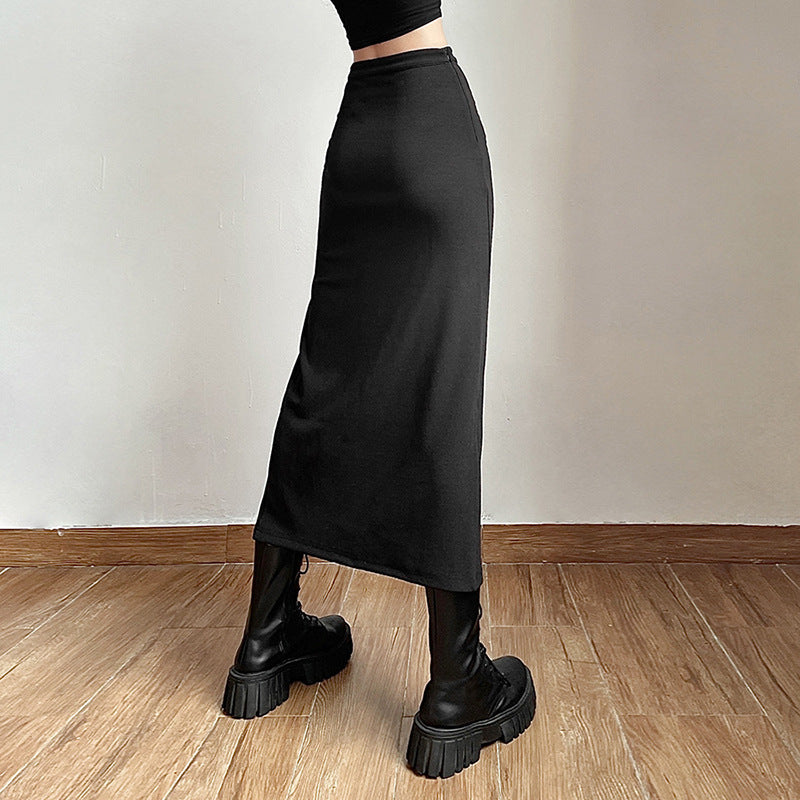 Chic Black High Waist Long Skirt with Statement Side Slit and Button Accents