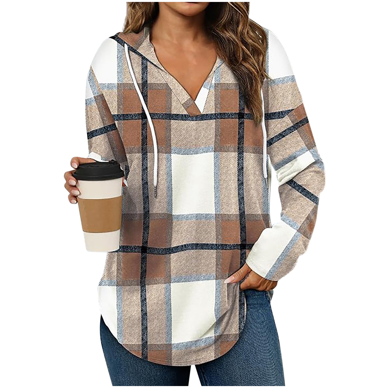 Casual Plaid Long Sleeve Hooded Pullover with Adjustable V-Neck Drawstring