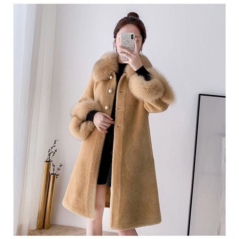 Elegant Faux Fur Mid-length Coat with Plush Collar and Cuffs