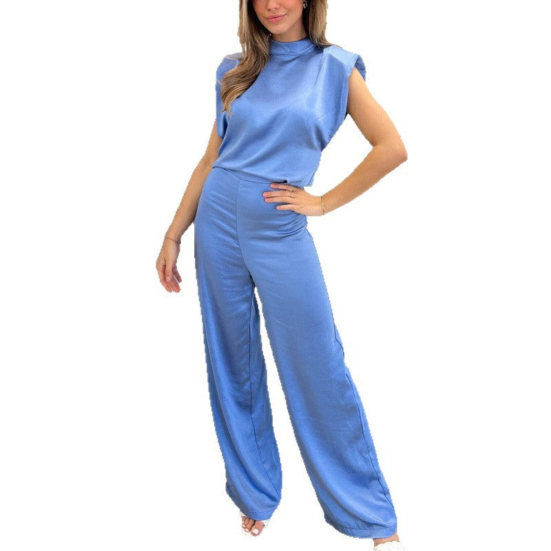 Elegant Satin Look Wide Leg Jumpsuit with Padded Shoulders and Chic Mock Neck Design