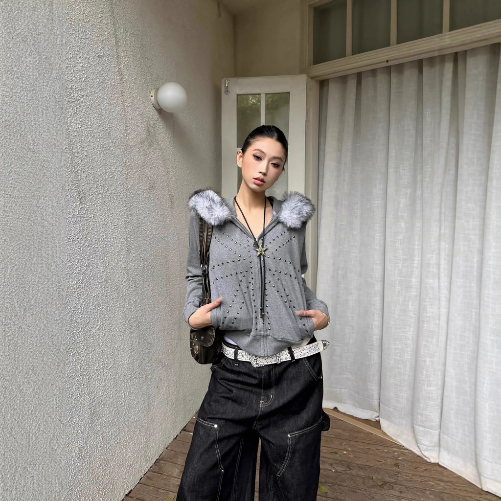 Trendy Studded Full Zip Hoodie with Faux Fur Trim and Pockets