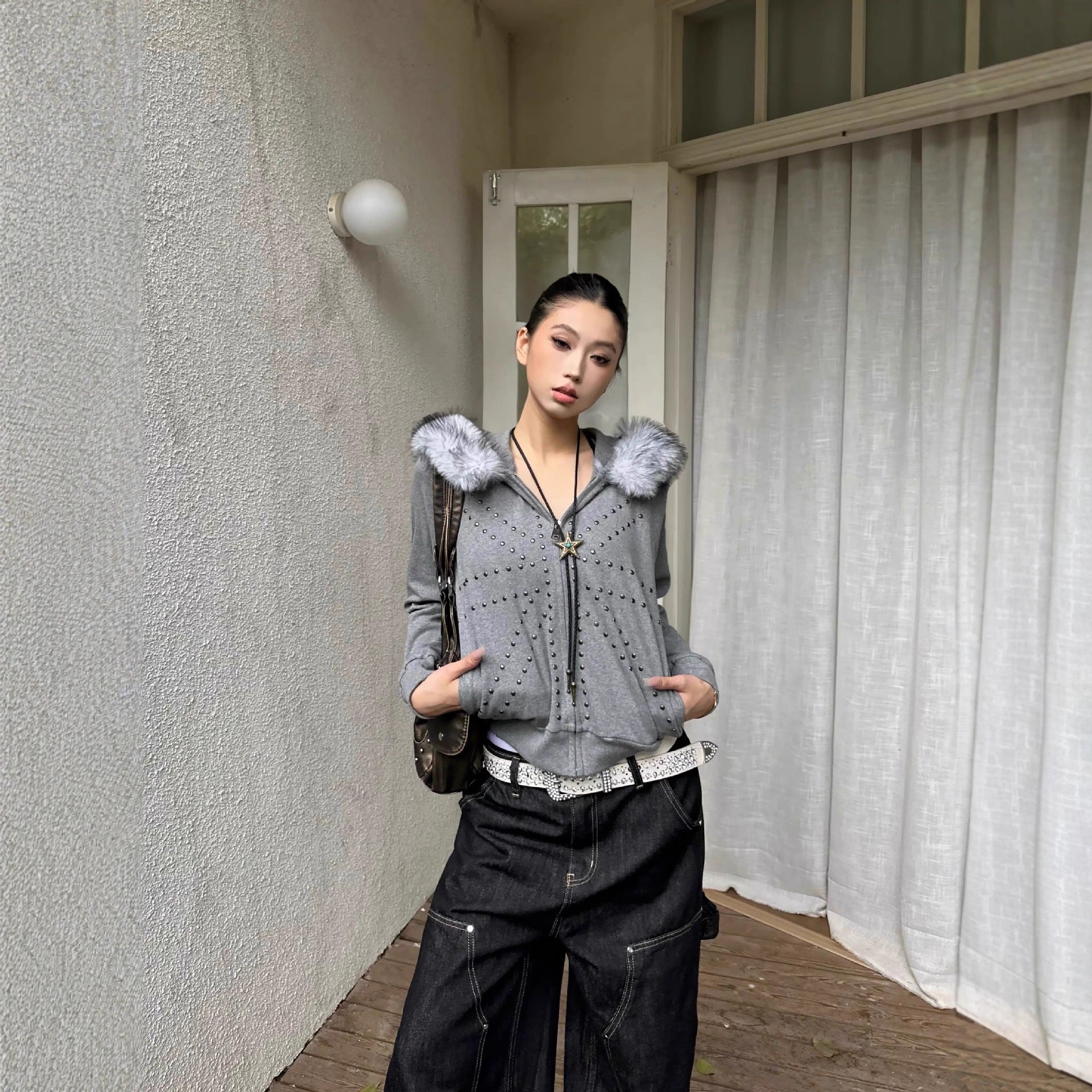 Trendy Studded Full Zip Hoodie with Faux Fur Trim and Pockets