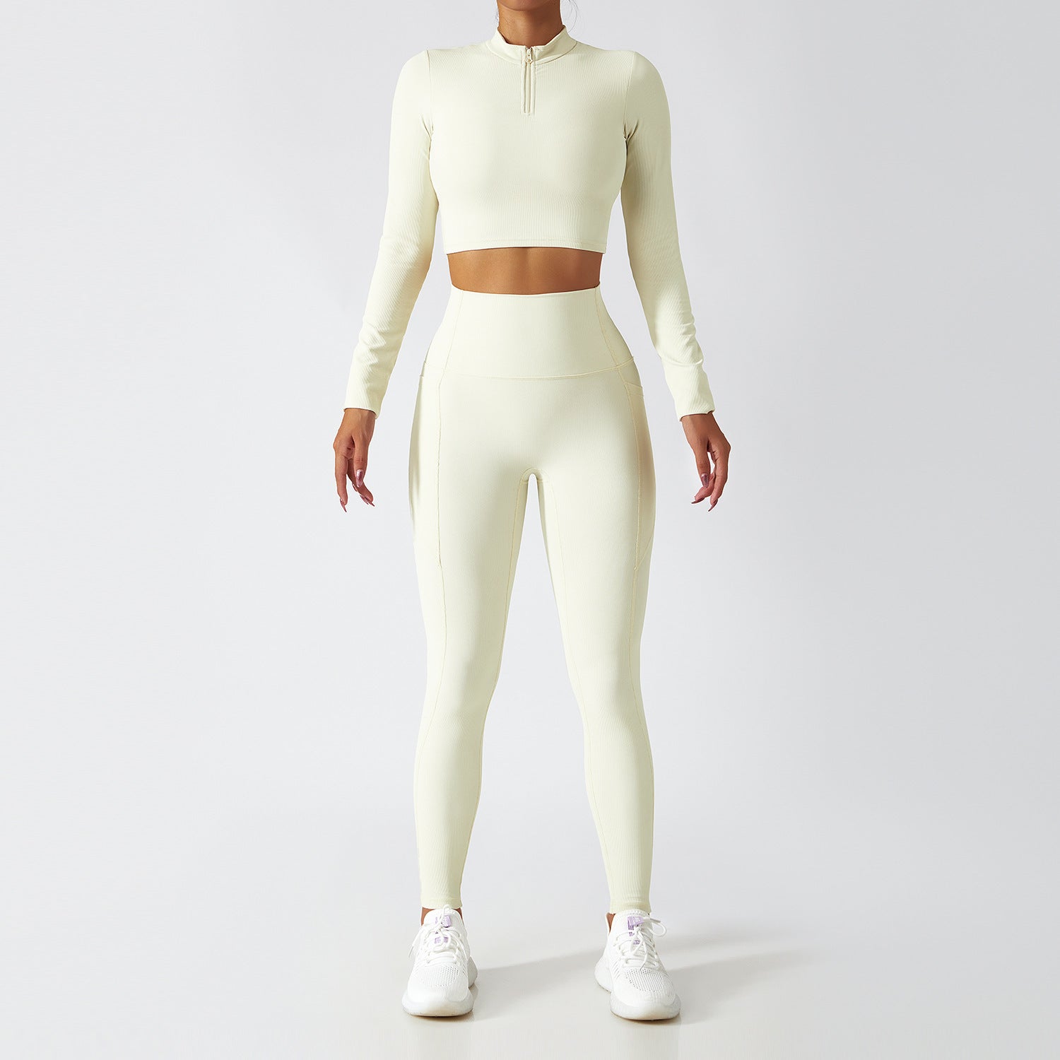 Comfortable Ribbed Activewear Set with Zipper Top and High Waist Leggings