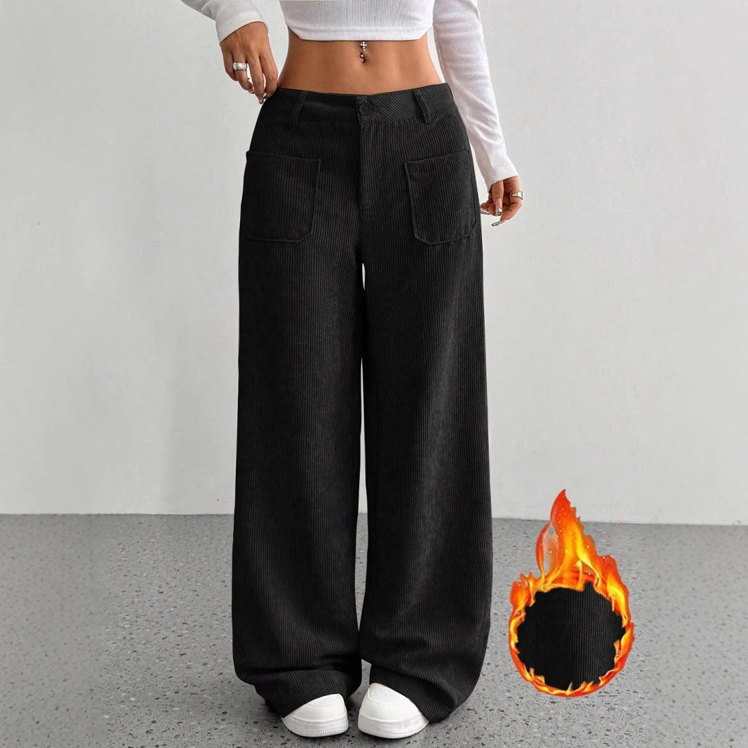 Chic Corduroy Wide Leg Pants with Pockets - Loose Fit Street Style