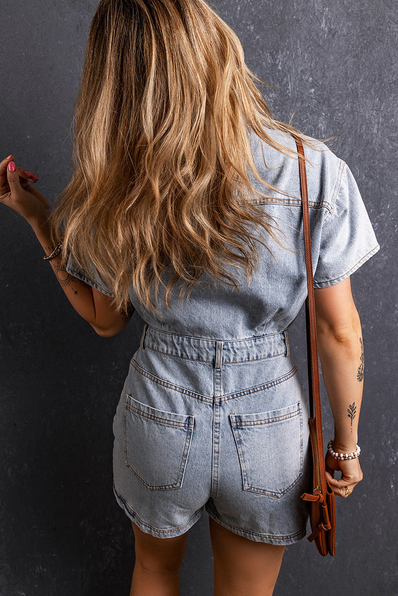 Retro Washed Denim Short Sleeve Romper Jumpsuit Casual One Piece for Women