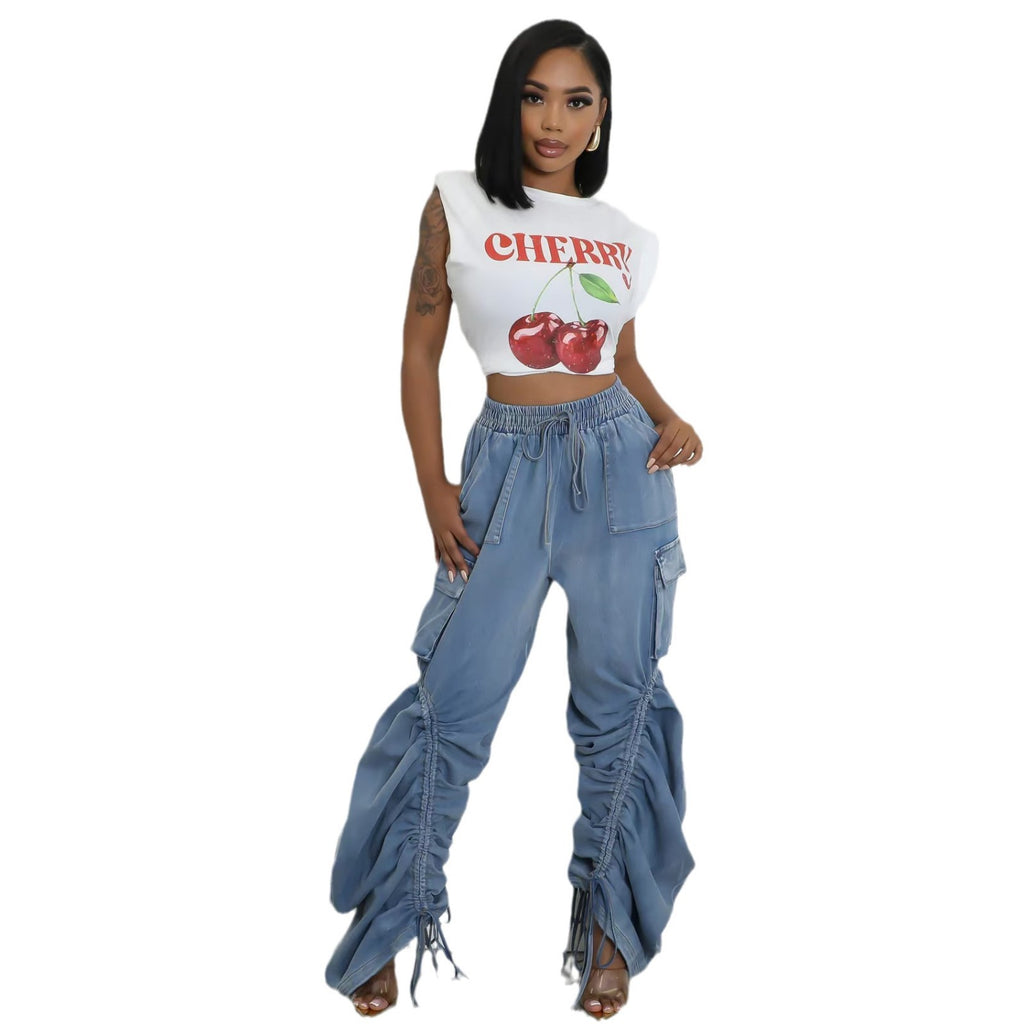 Rhea Ruched Drawstring Cargo Jeans