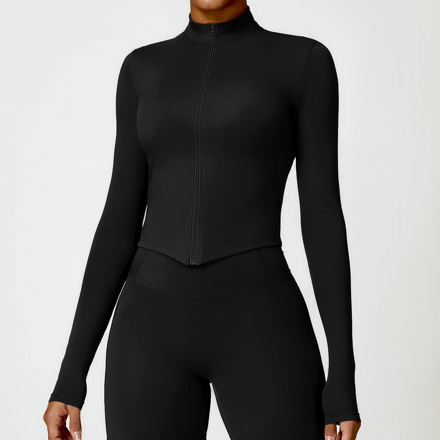 Women's Excellent Quality Long Sleeve Zippered Yoga Fitness Crop Top with Thumbholes