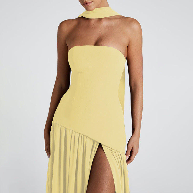 Elegant Strapless Maxi Dress with High Slit and Flowing Ribbon Detail for Special Occasions