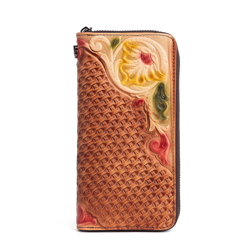 Artisan Crafted Floral Embossed Top Layer Leather Clutch Wallet with Wrist Strap