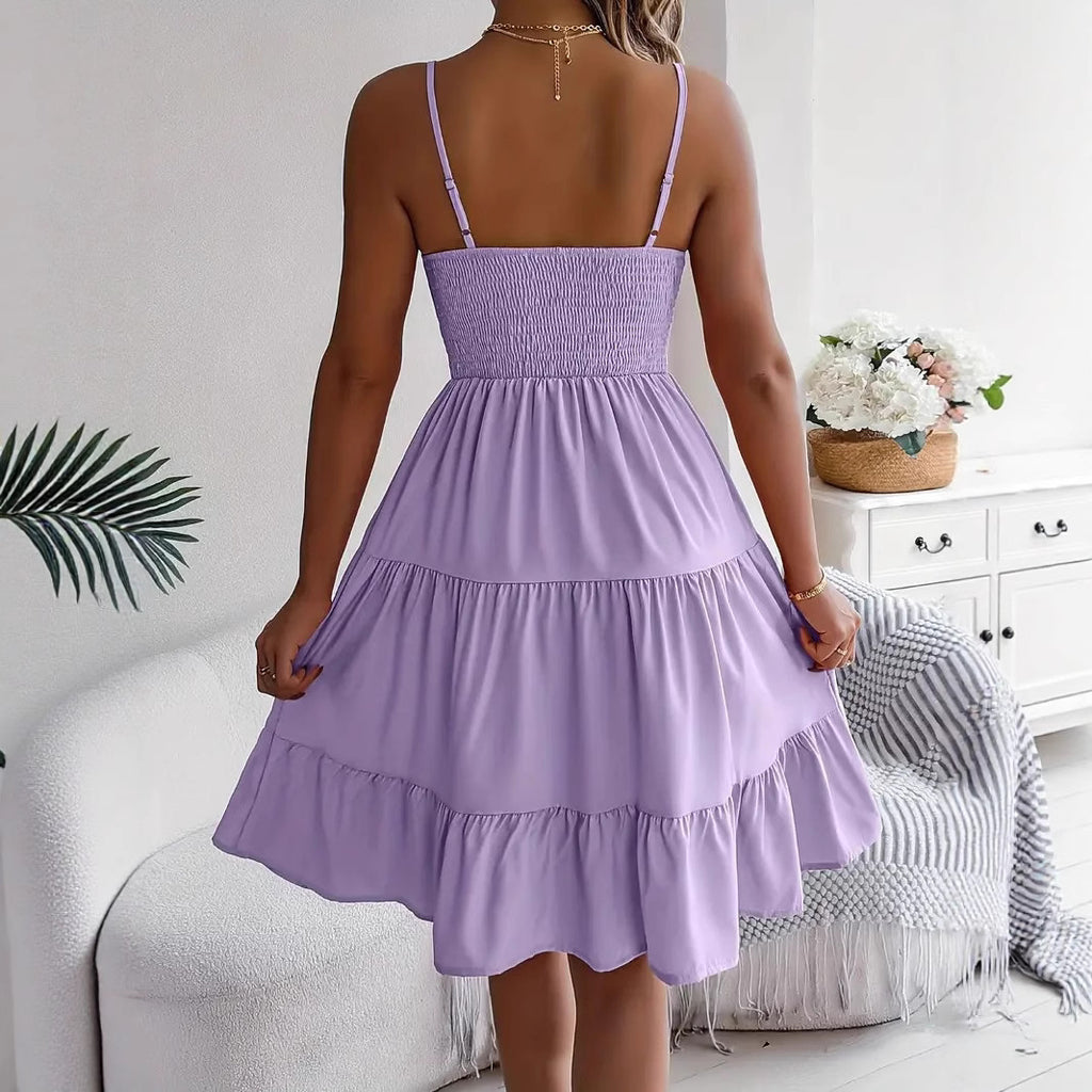 Chic Smocked Tiered A-Line Midi Dress - Casual Sleeveless Style