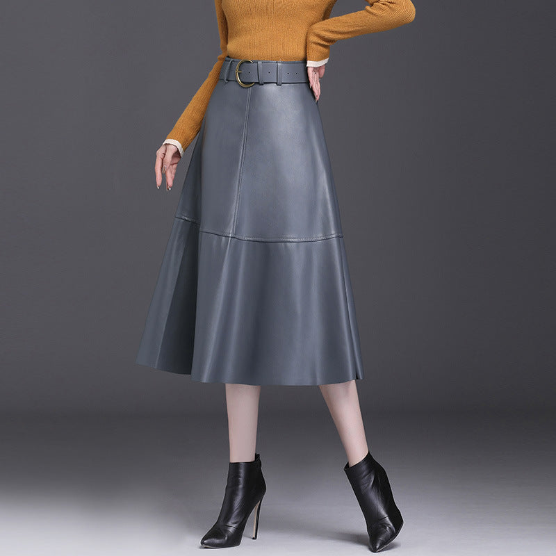 Elegant A-Line Faux Leather Midi Skirt with High Waist and Belt for Women