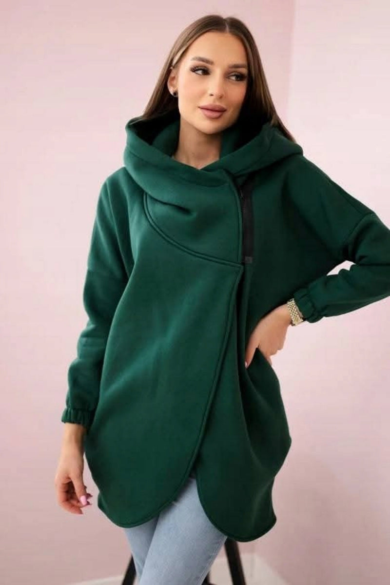Cozy Fleece Asymmetrical Zip Hooded Casual Sweatshirt Jacket