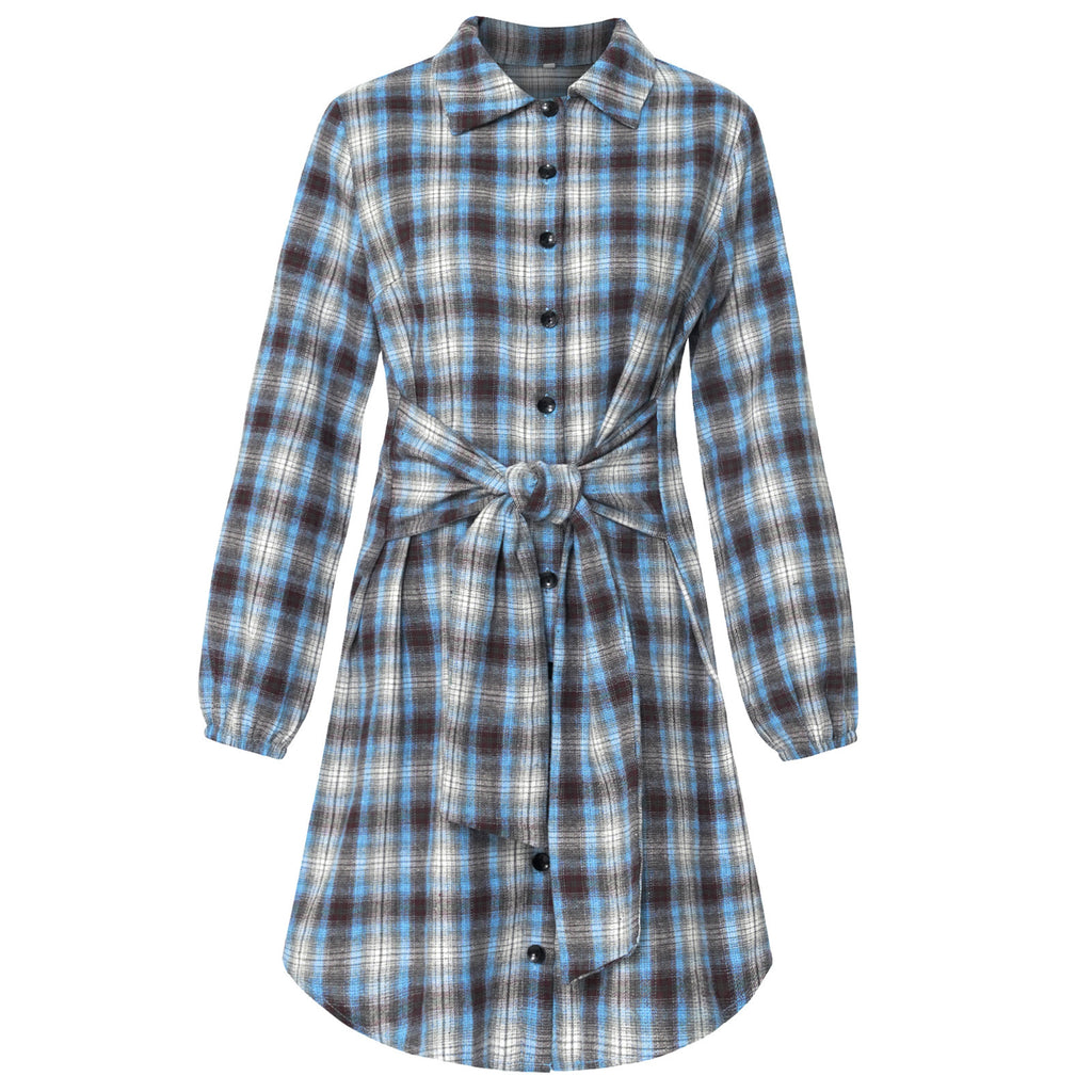 Effortless Long Sleeve Plaid Button Down Shirt Dress with Tie Waist