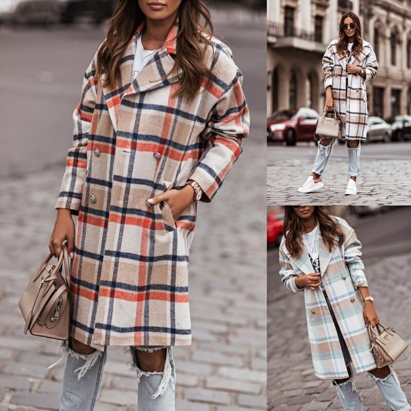 Chic Plaid Double-Breasted Long Coat for Women - Casual Winter Outerwear