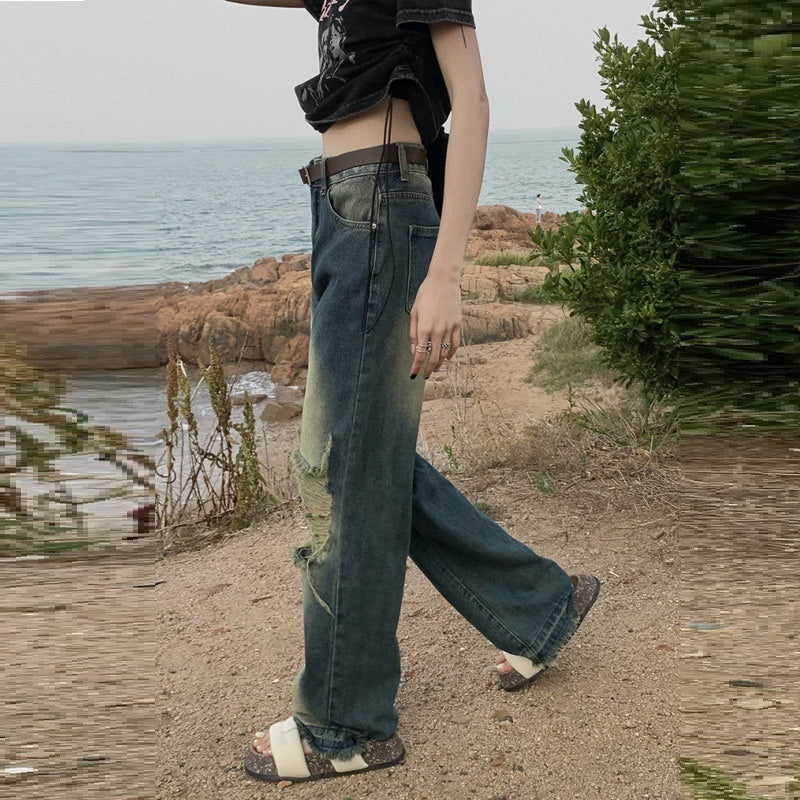 High-Waist Distressed Wide-Leg Denim Jeans
