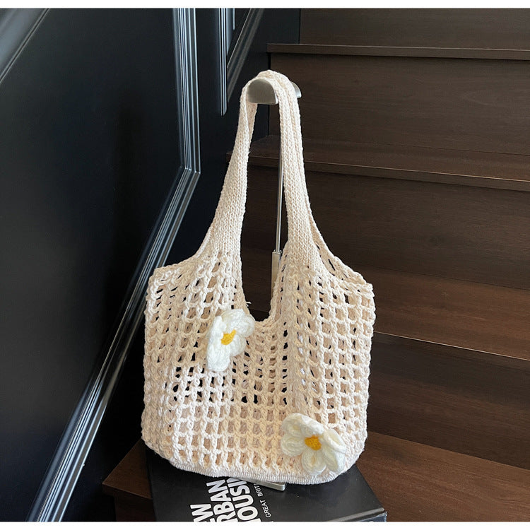 Elegant Knitted Flower Mesh Shoulder Bag - Versatile & Spacious