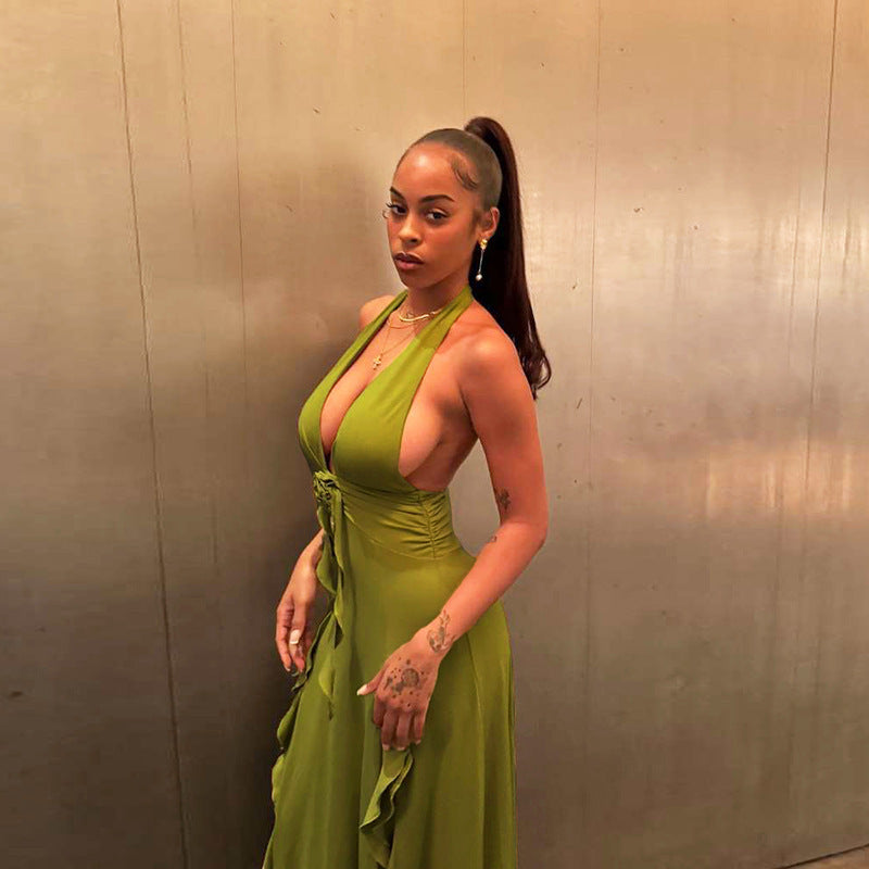 Women's Floral Halter Dress - V-Neck Slit Maxi Gown