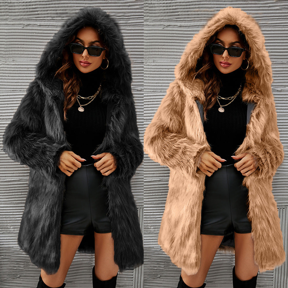 Cozy Warm Hooded Faux Fur Mid-Length Winter Coat