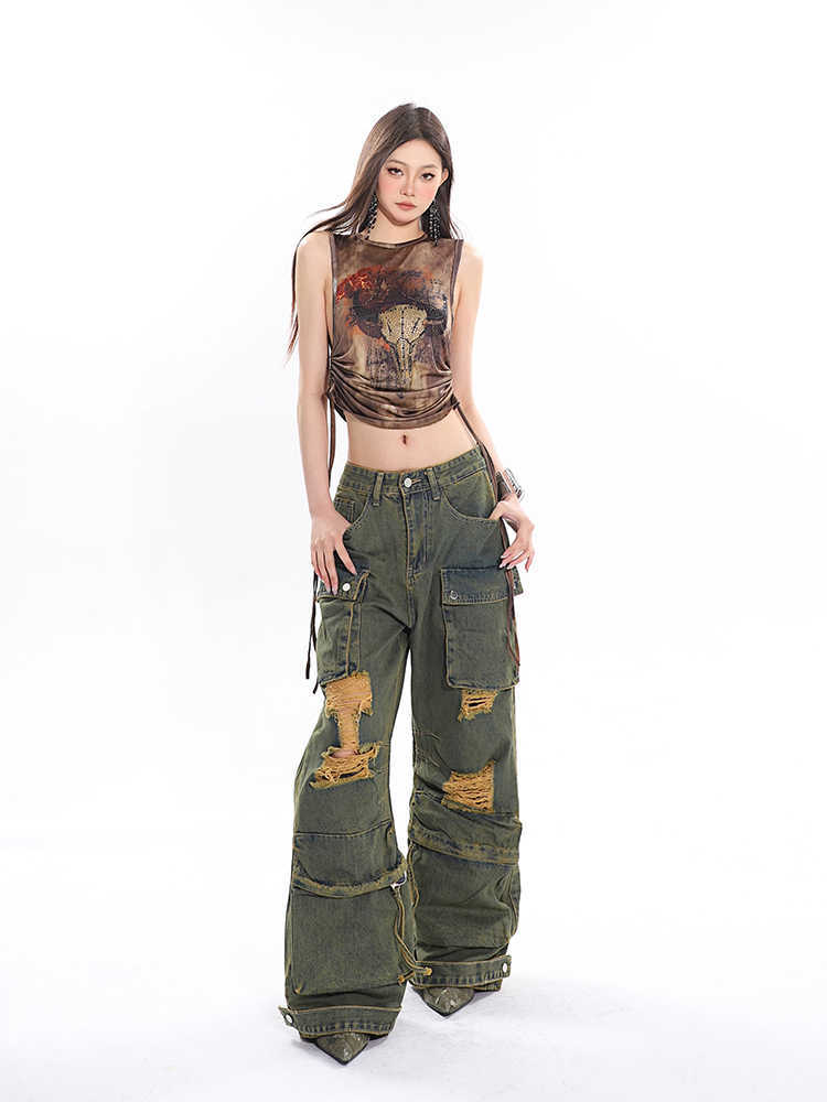 Trendy Distressed Baggy Cargo Jeans - Vintage Green