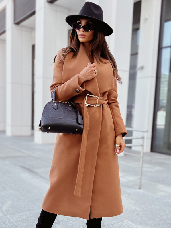 Elegant Tie-Waist Long Lapel Trench Coat for Women