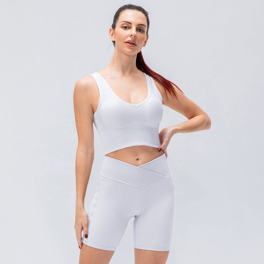 Stylish Ribbed Crop Top and V Waist Biker Shorts Activewear Set
