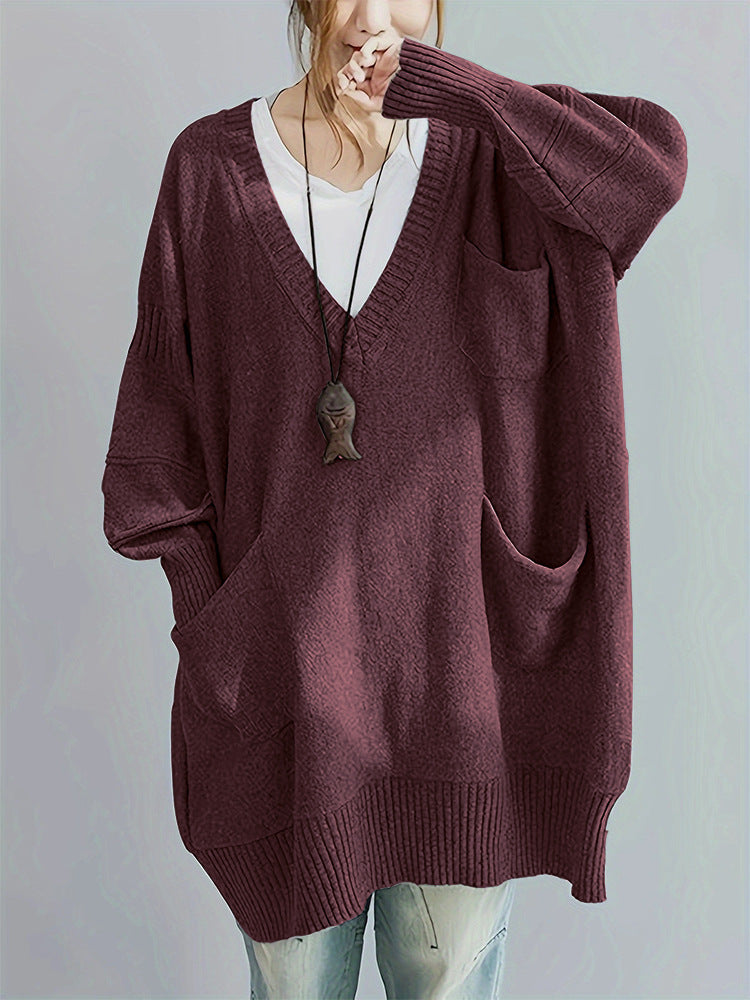 Comfortable Loose Fit V Neck Long Sleeve Pullover Sweater with Pockets