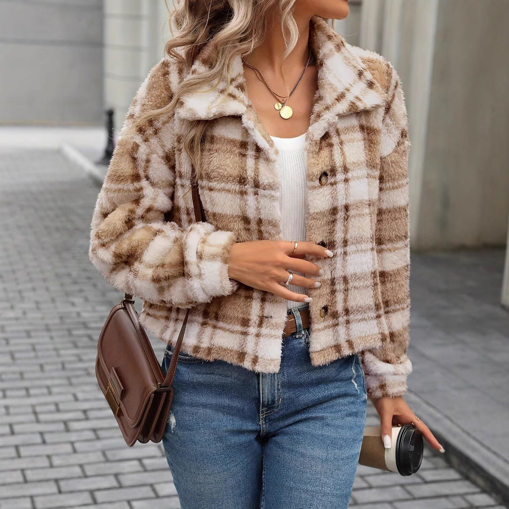 Cozy Plaid Plush Button Up Long Sleeve Cardigan Jacket