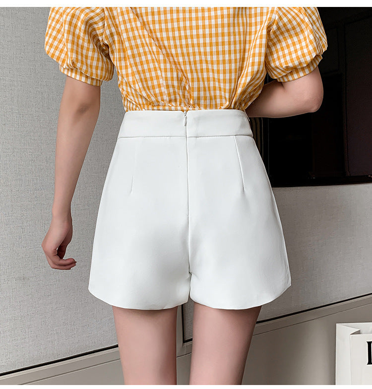 Sophisticated High Waisted Pleated Shorts with Chic Metal Buckle Detail