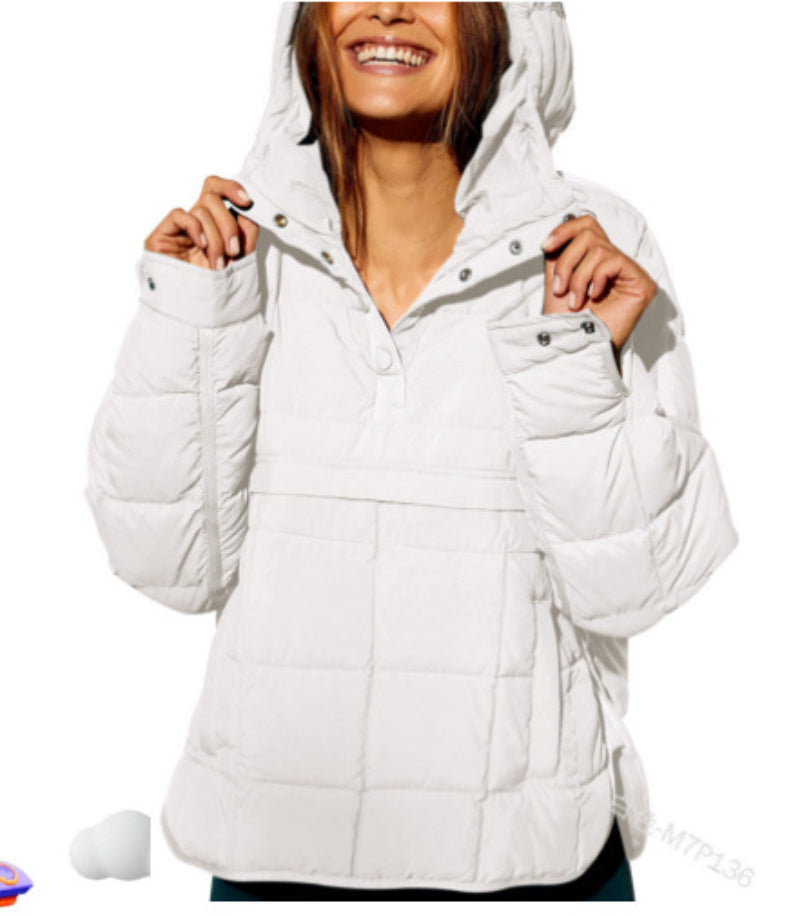 Relaxed Fit Quilted Hooded Long Sleeve Pullover Snap Button Top