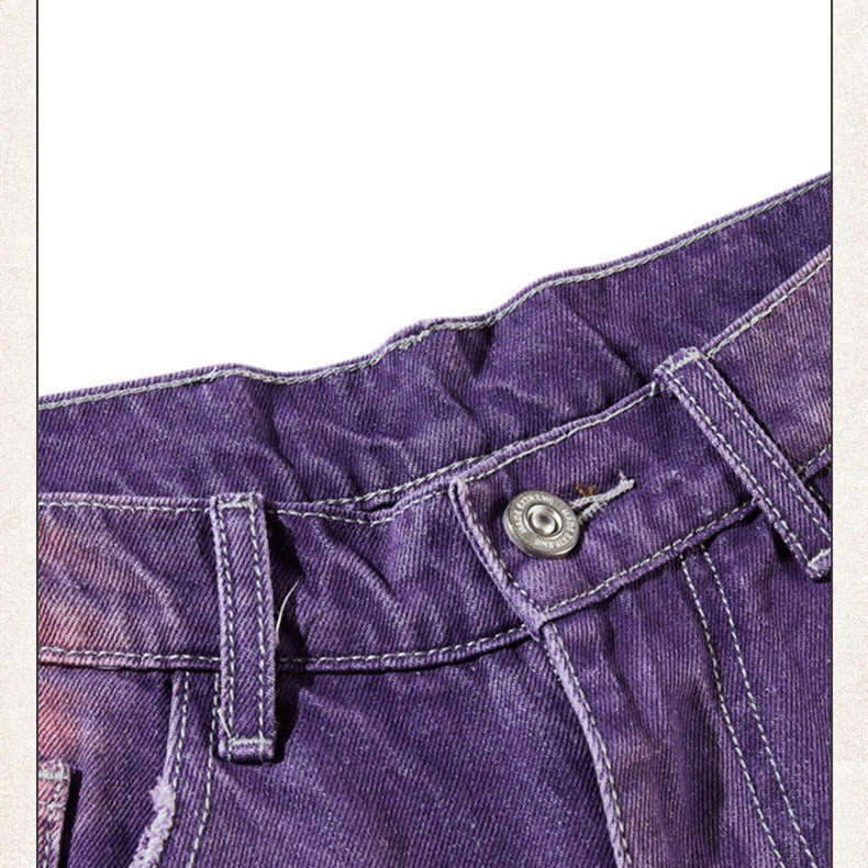 Street Washed Purple Distressed Straight Leg Denim Jeans