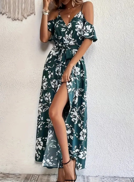Elegant Floral Print Split Hem Cold Shoulder Summer Maxi Dress with Adjustable Waist