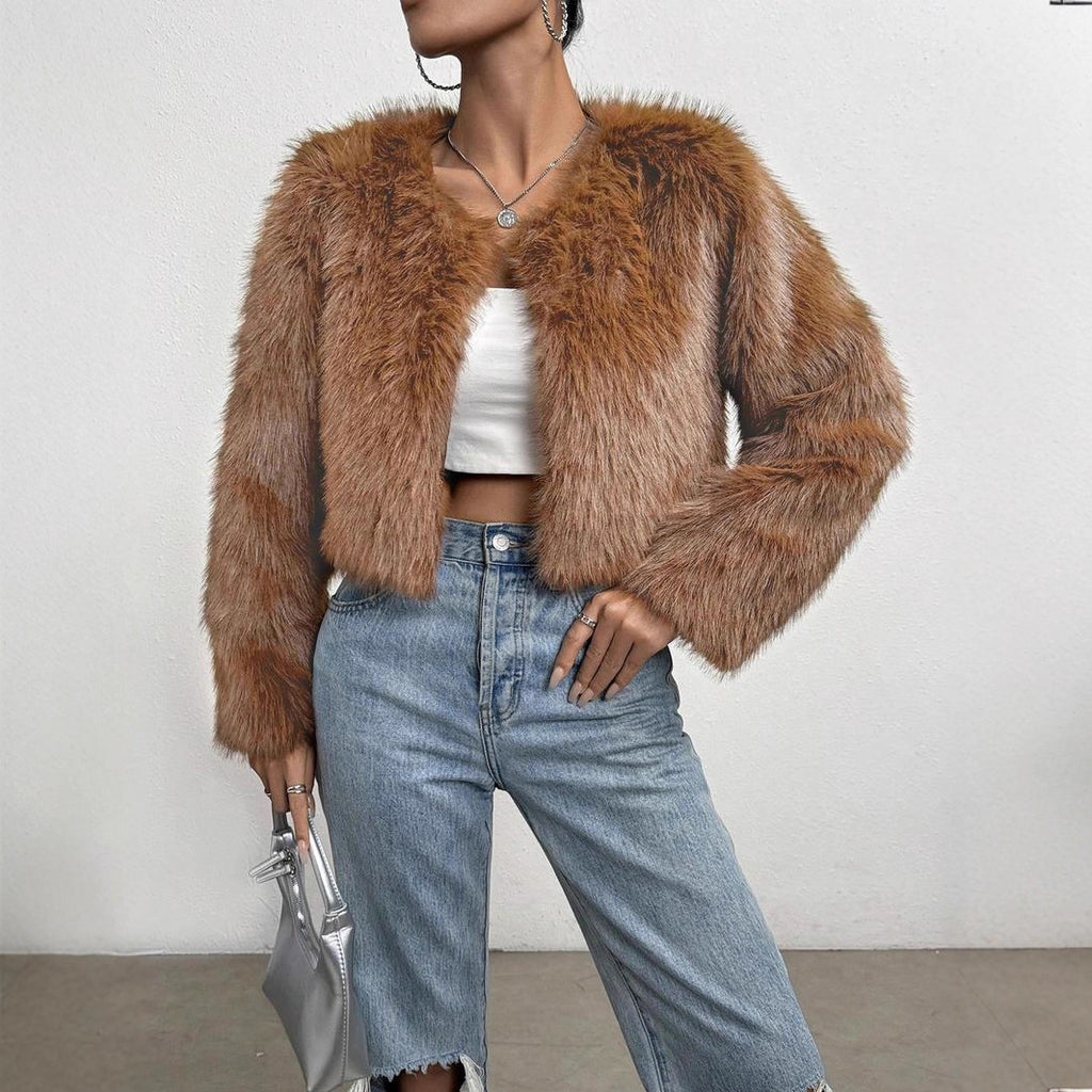 Chic Faux Fur Crop Jacket Long Sleeves Stylish Winter Outerwear