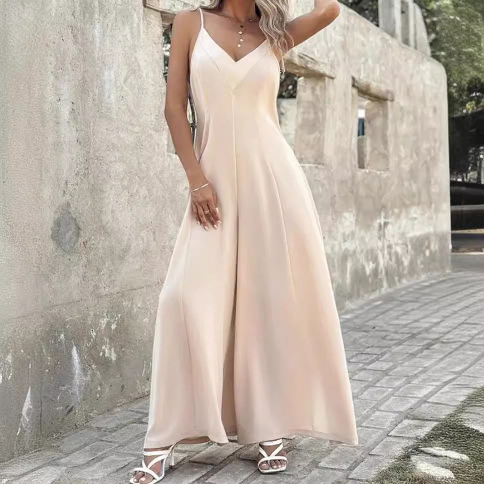 Elegant Women's V Neck Suspenders Loose Fit Wide Leg Jumpsuit for Casual Chic Style