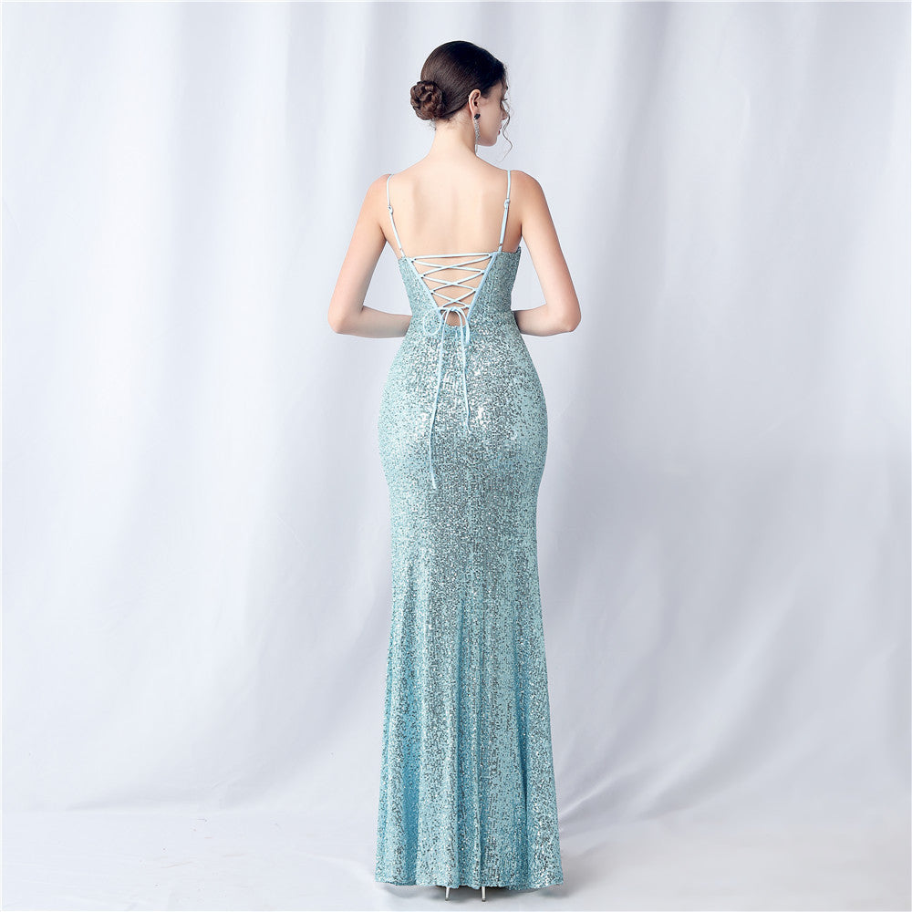 Women's Sequin Slit Gown - Long Camisole Party Dress