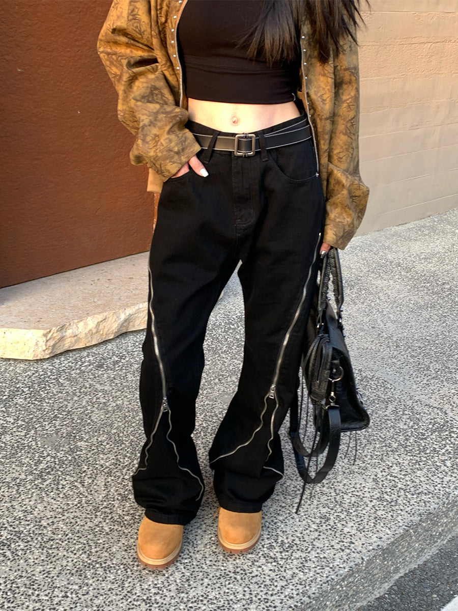 Black Baggy Zipper Jeans - Edgy Streetwear Style