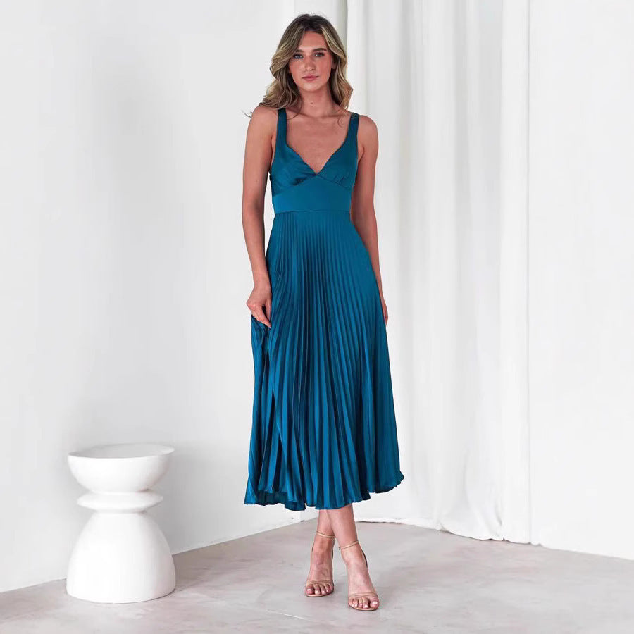 Elegant Pleated V-neck Midi Dress with Sling Straps