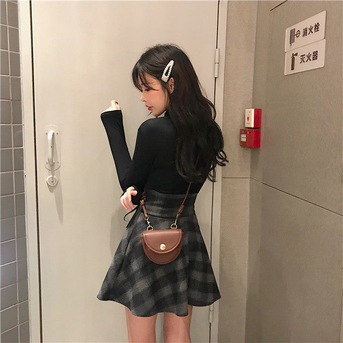 Chic Dark Gray Plaid High Waist Mini Skirt with Lace-Up Detail