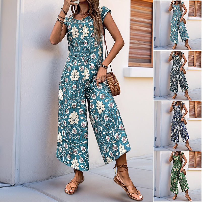 Bohemian Floral Print Wide Leg Jumpsuit