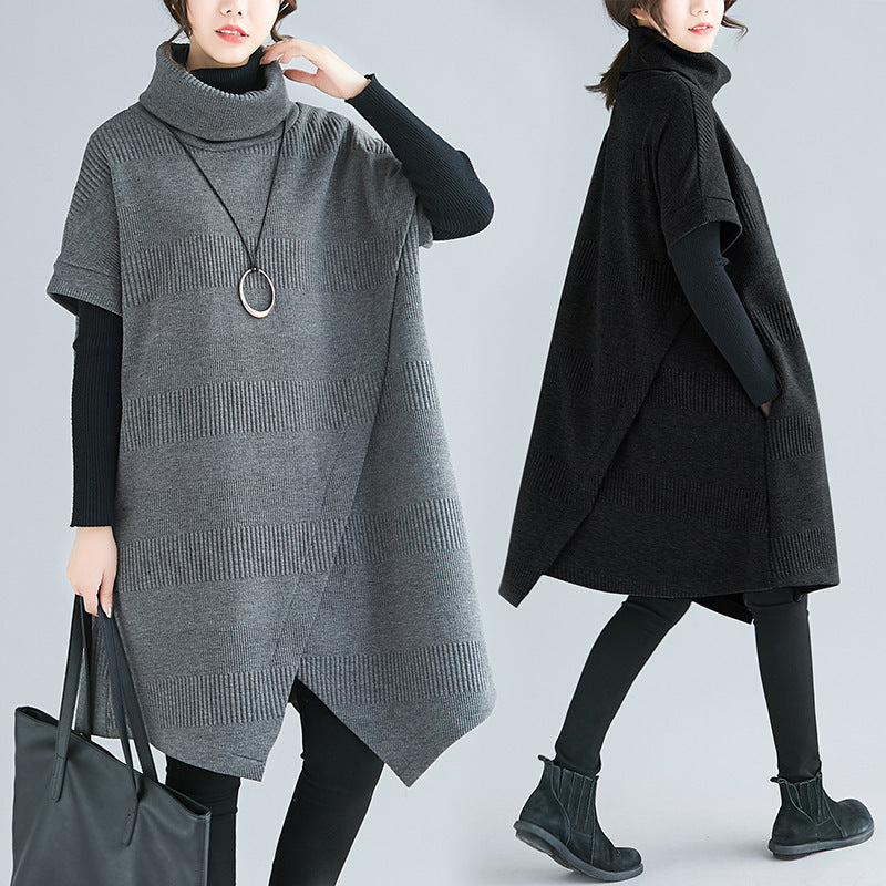 Comfortable Relaxed Fit Turtleneck Short Sleeve Irregular Hem Tunic Dress