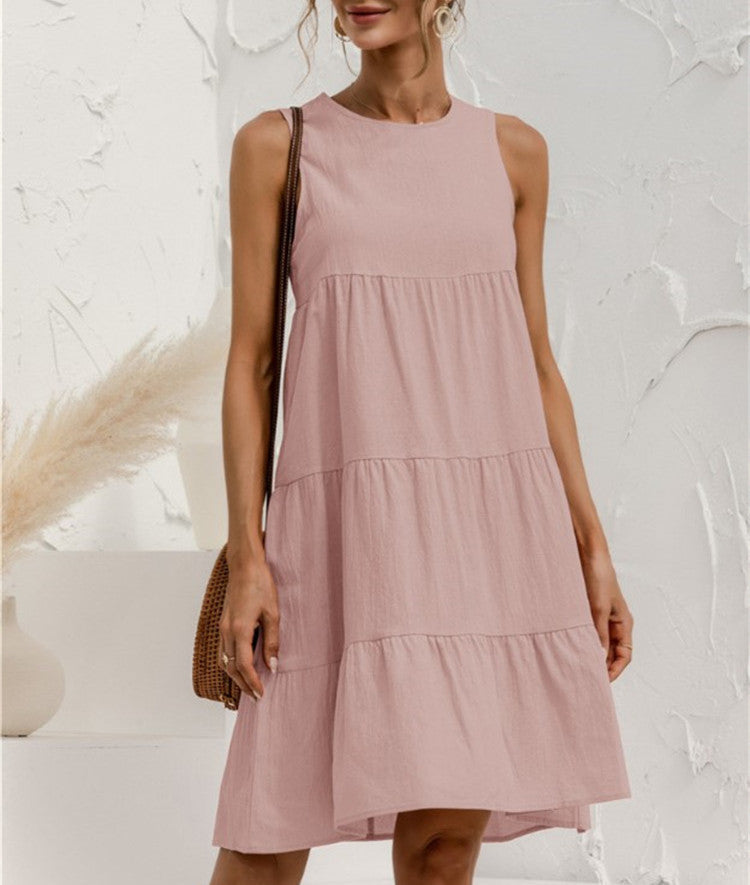 Effortless Cotton Linen Tiered Midi Dress - Casual Sleeveless Summer Style