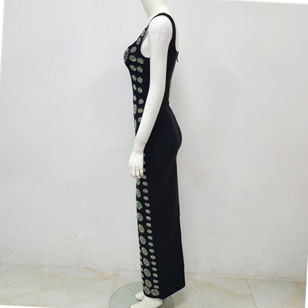 Elegant Black Rhinestone Sleeveless Maxi Evening Dress