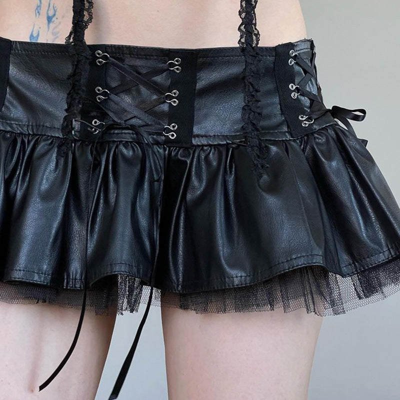 Lace Up Pleated Faux Leather Mini Skirt with Tulle Trim