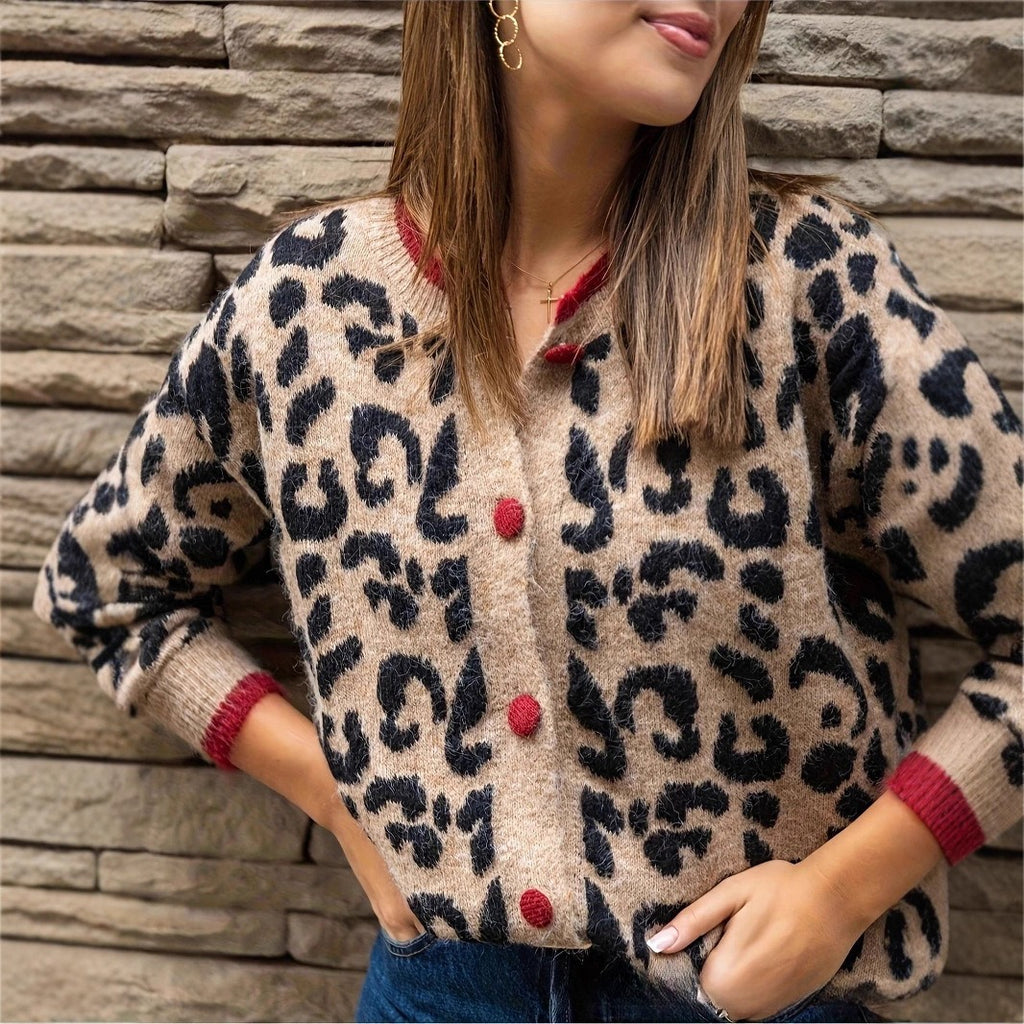 Stylish Leopard Print Button-Front Cardigan Sweater with Red Contrast Trim