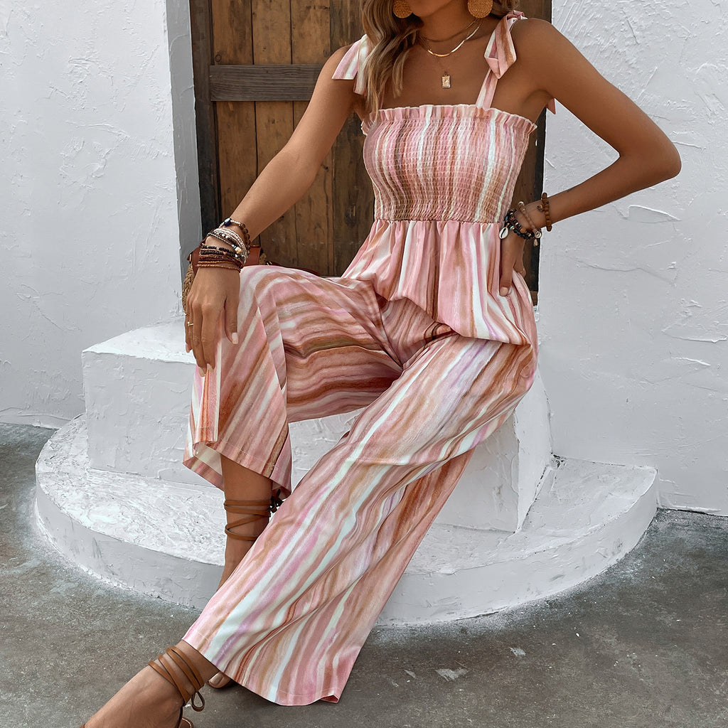 Chic Shirred Strappy Wide-Leg Jumpsuit - Comfortable & Stylish