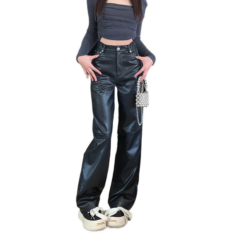 Women's High Waist Faux Leather Pants - Wide Leg Trousers
