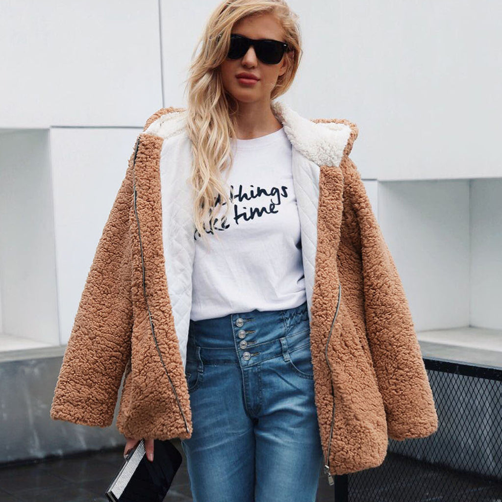 Cozy Faux Fur Zip Up Jacket with Warm Sherpa Lining and Hood