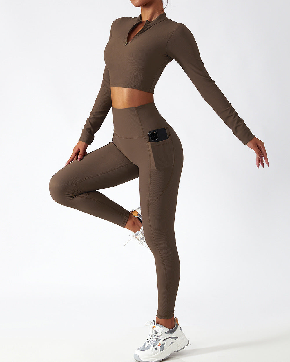 Comfortable Ribbed Long Sleeve Activewear Set with High Waist Leggings for Yoga and Training