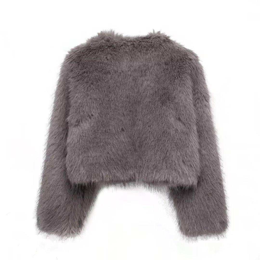 Chic Faux Fur O Neck Cropped Jacket Stylish Warm Outerwear
