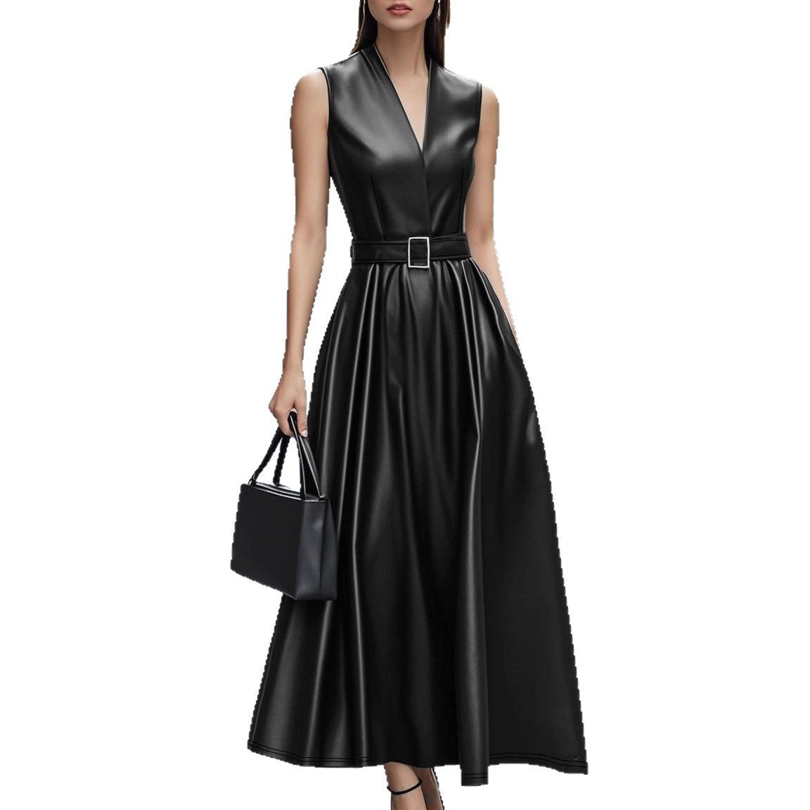 Elegant Sleeveless V-Neck Faux Leather Midi Dress with Stylish Belt