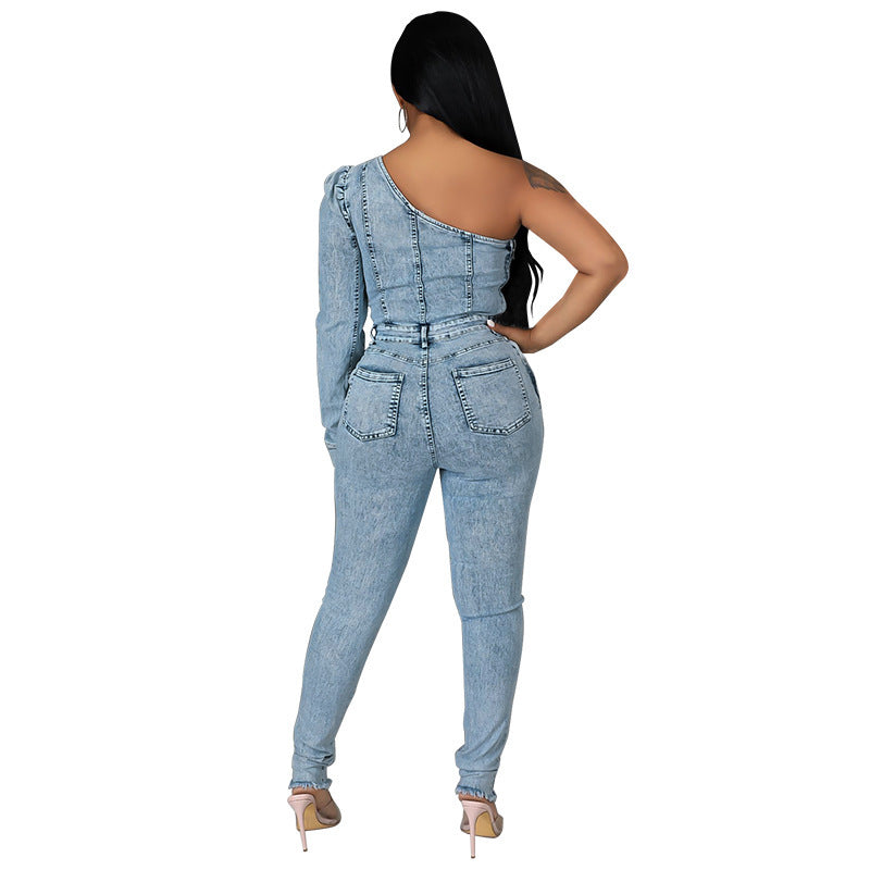 Stylish One-Shoulder Denim Jumpsuit - Light Blue Acid Wash